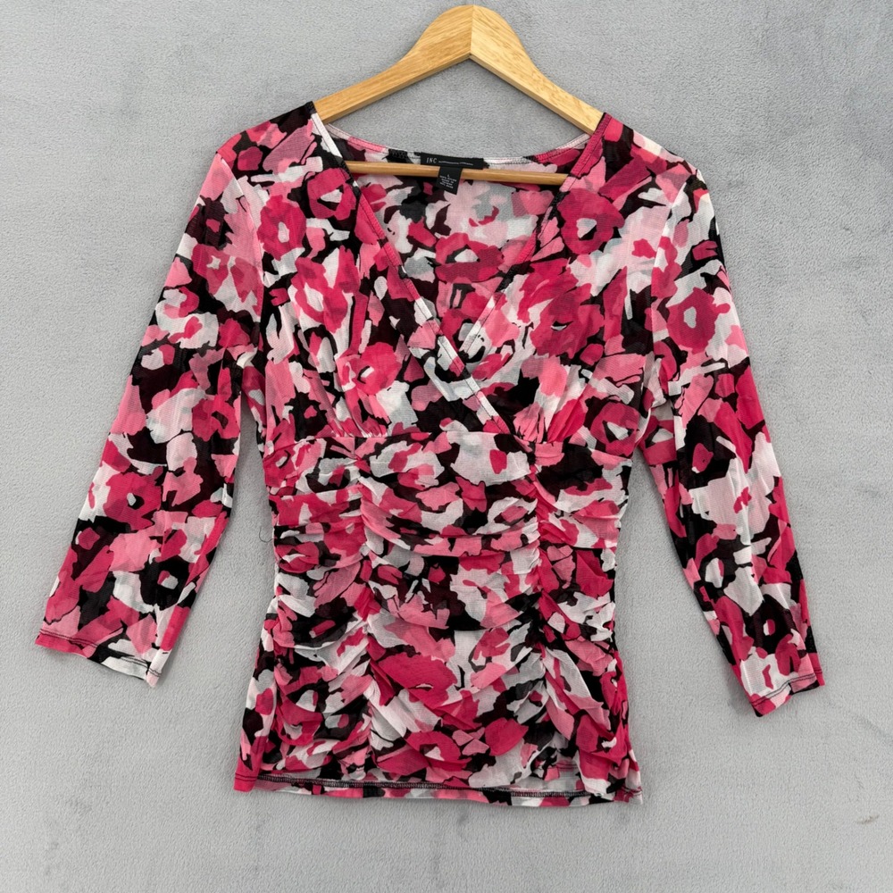 INC International Concepts Pink Floral Mesh Ruched V-Neck 3/4 Sleeve‎ Top Large
